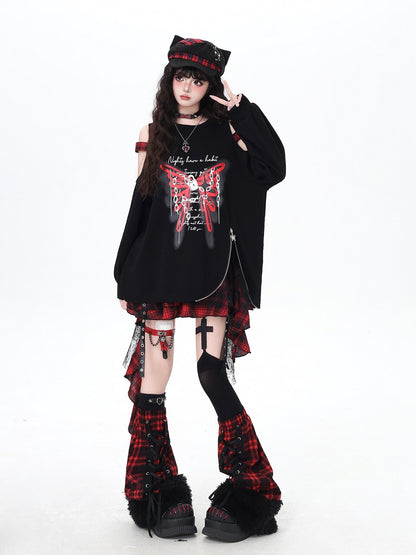 Crazy Girl Fuzzy Gothic Lace Up Patchwork Plaid Women&