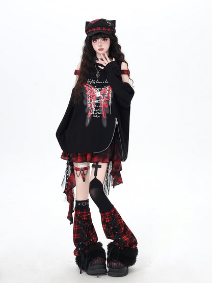 Crazy Girl Fuzzy Gothic Lace Up Patchwork Plaid Women&
