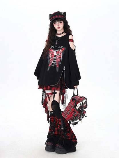 Crazy Girl Fuzzy Gothic Lace Up Patchwork Plaid Women&