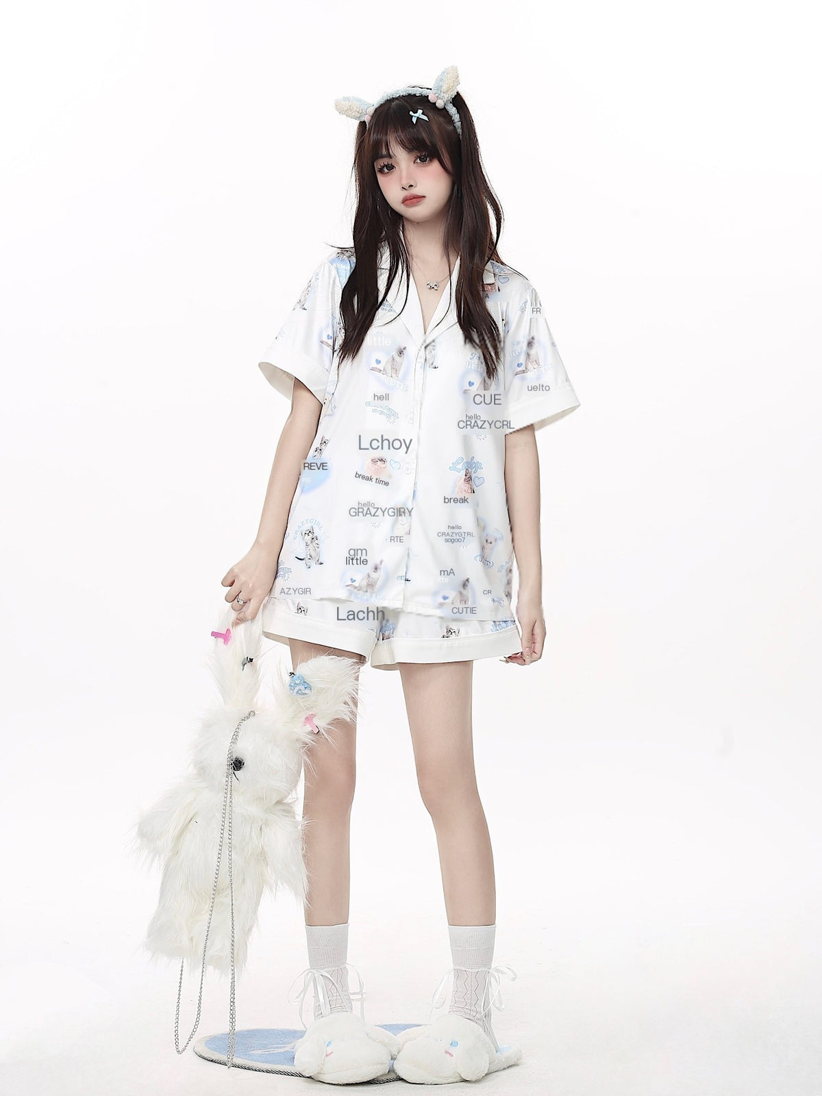 Crazy_Girl_Goodnight_Cat_Print_V-neck_Drop_Shoulder_Women&
