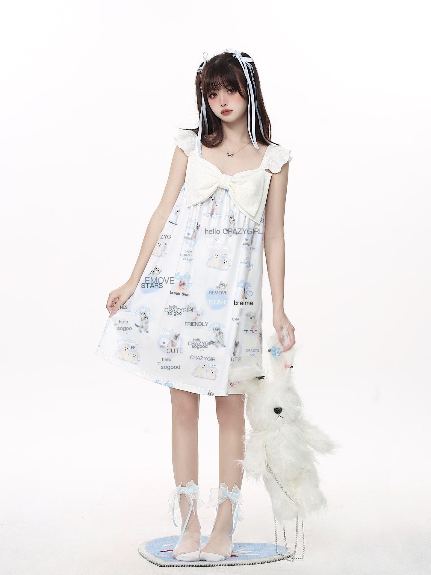 Crazy_Girl_Goodnight_Cat_Print_V-neck_Drop_Shoulder_Women&