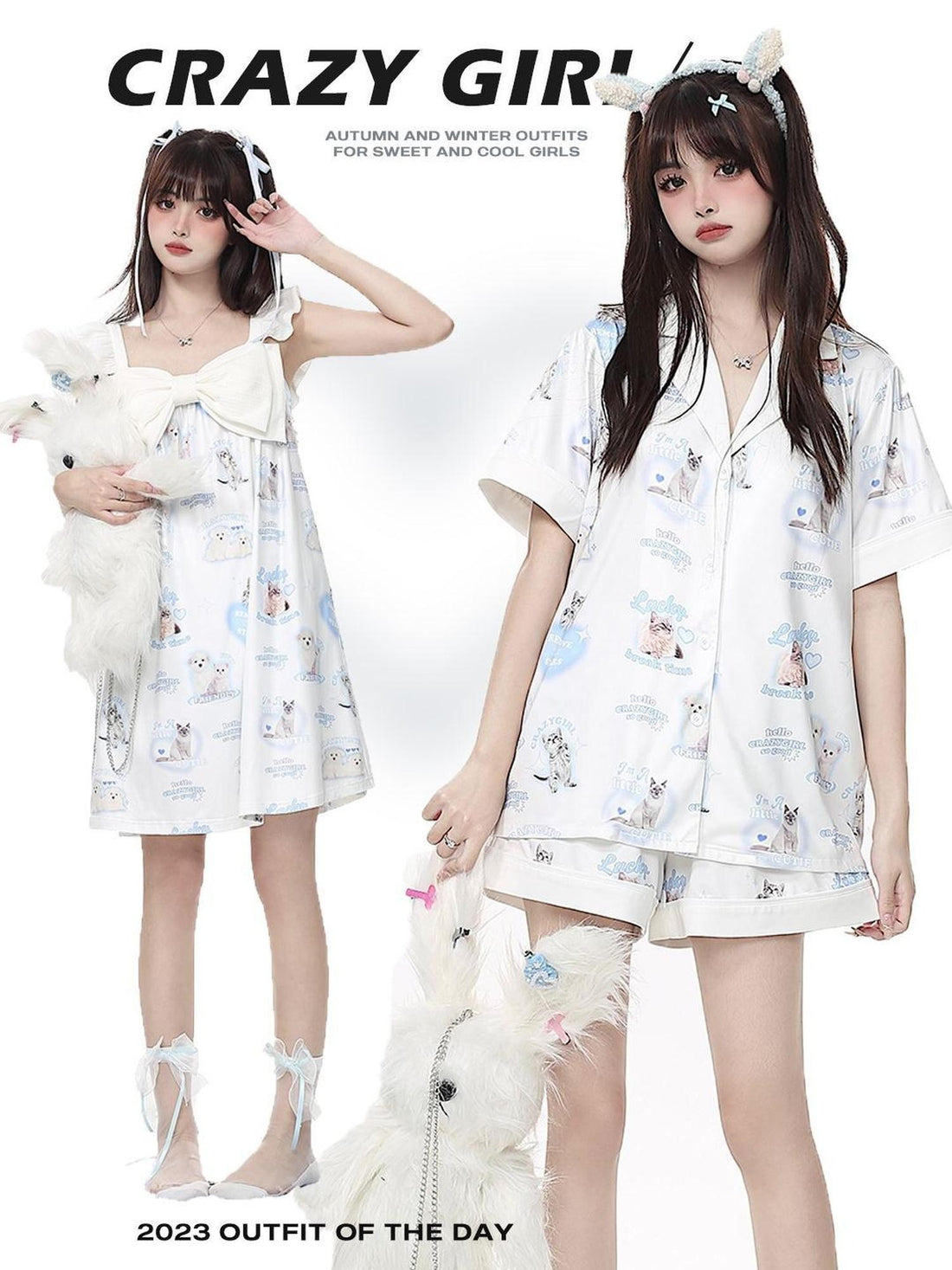 Crazy Girl Goodnight Cat Print V-neck Drop Shoulder Women&