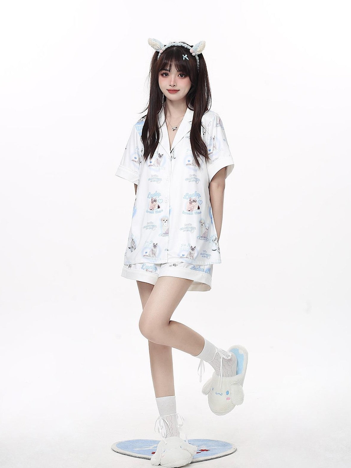 Crazy Girl Goodnight Cat Print V-neck Drop Shoulder Women&