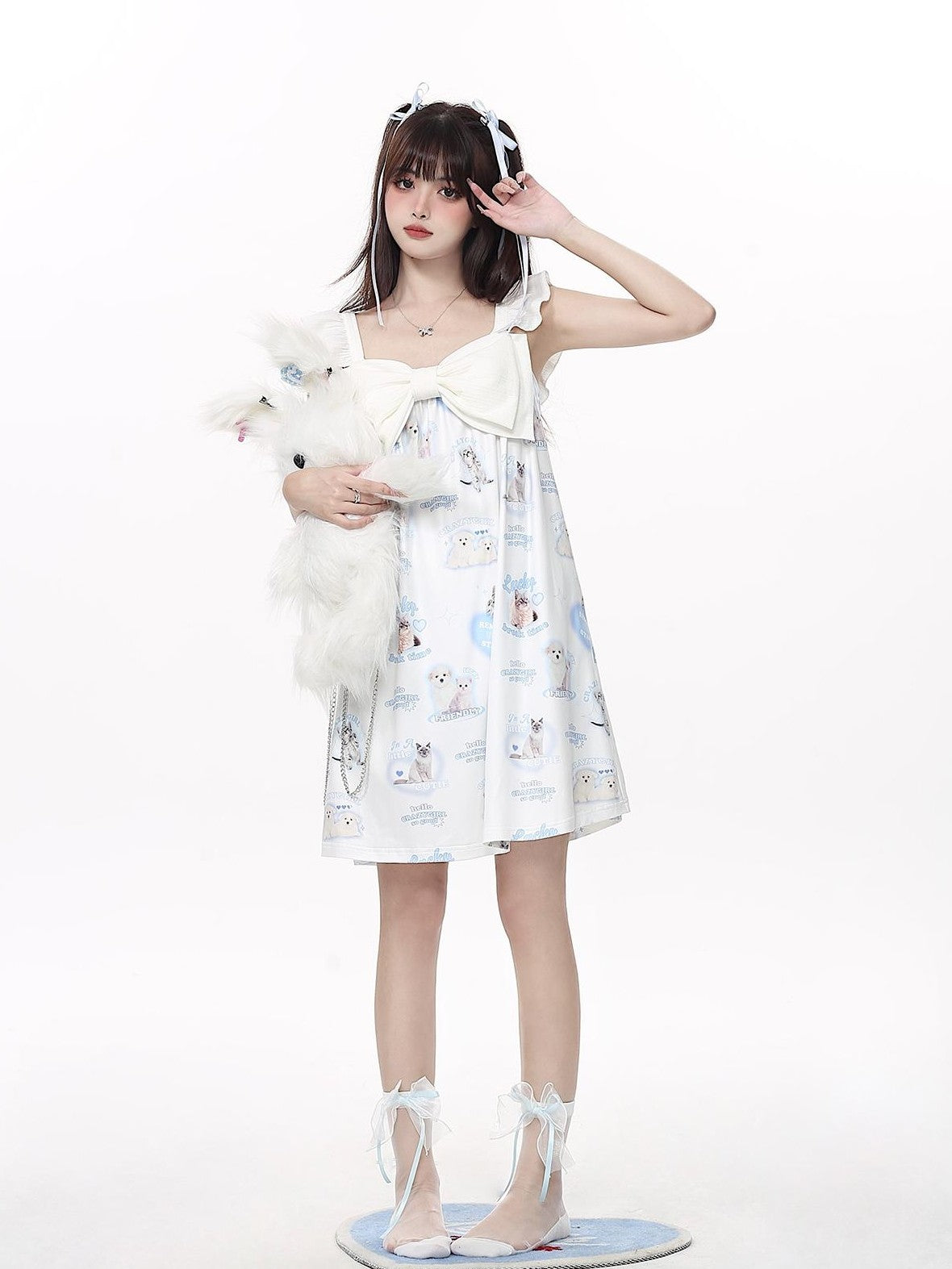 Crazy Girl Goodnight Cat Print V-neck Drop Shoulder Women&
