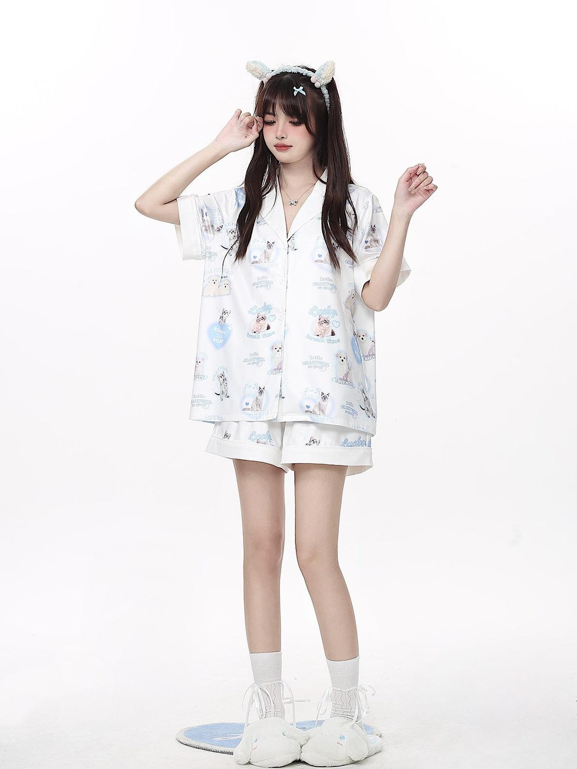 Crazy Girl Goodnight Cat Print V-neck Drop Shoulder Women&