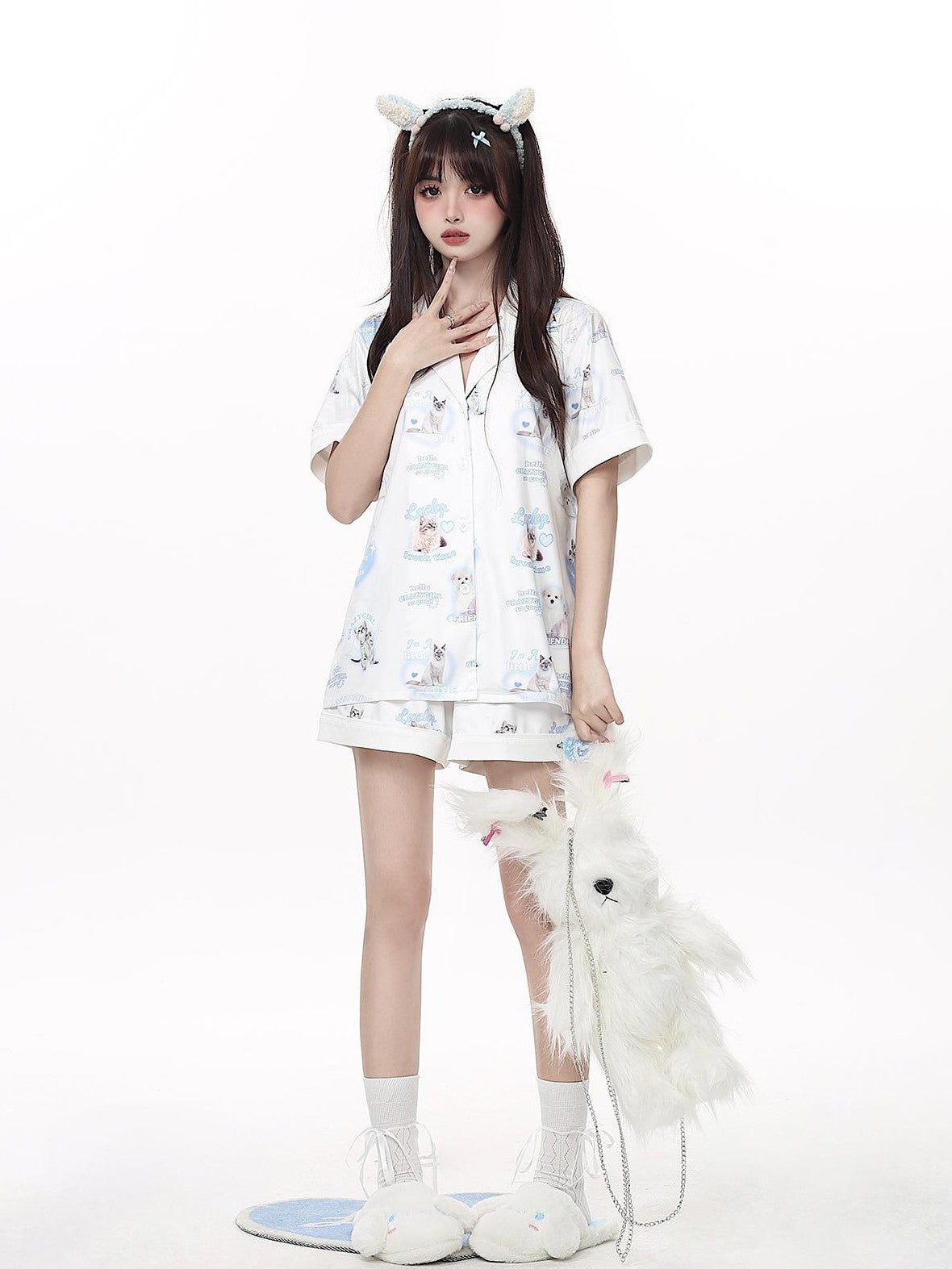 Crazy Girl Goodnight Cat Print V-neck Drop Shoulder Women&