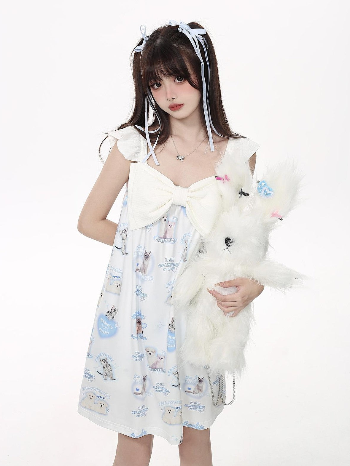Crazy Girl Goodnight Cat Print V-neck Drop Shoulder Women&