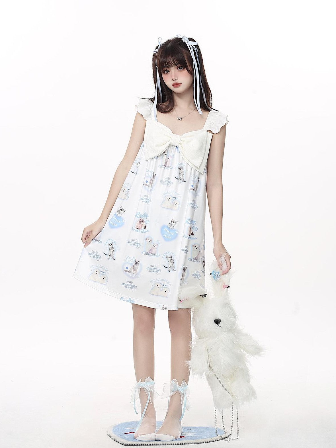 Crazy Girl Goodnight Cat Print V-neck Drop Shoulder Women&
