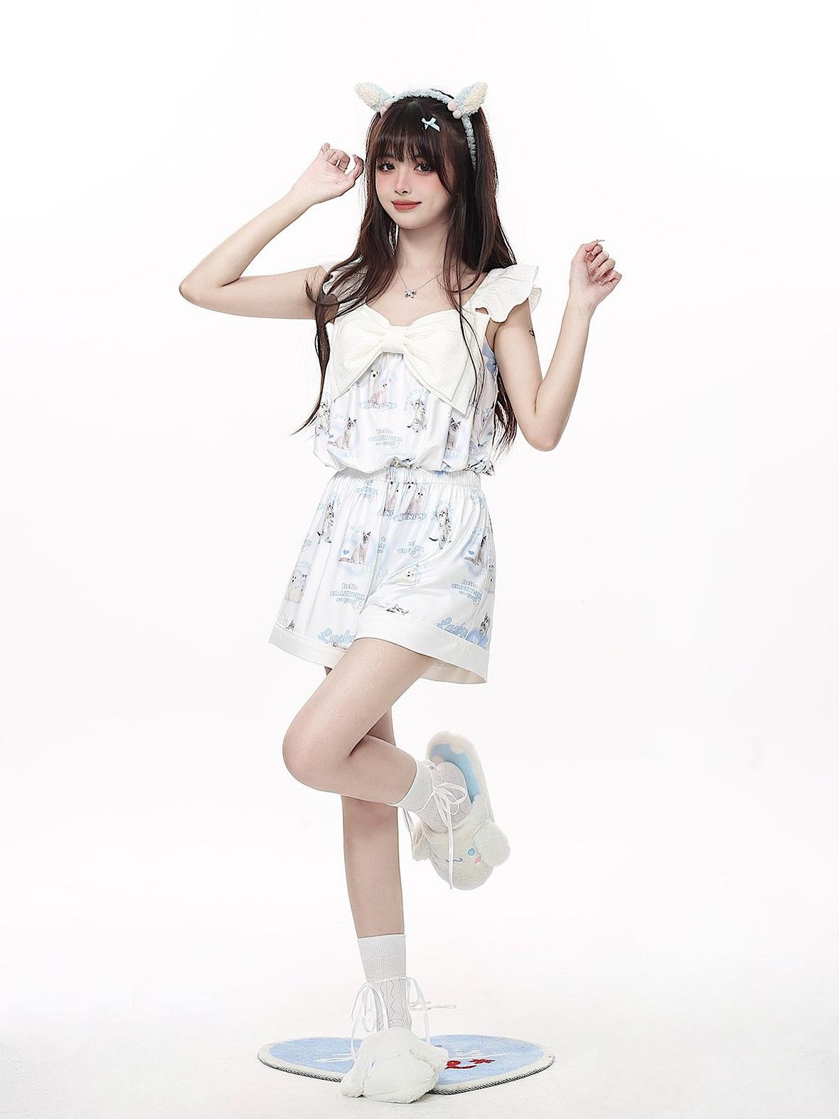 Crazy Girl Goodnight Cat Print V-neck Drop Shoulder Women&