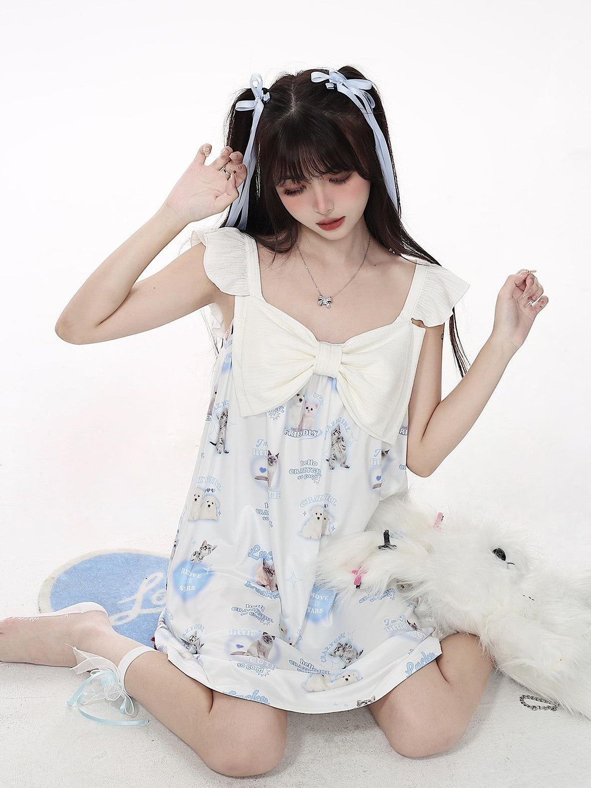 Crazy Girl Goodnight Cat Print V-neck Drop Shoulder Women&