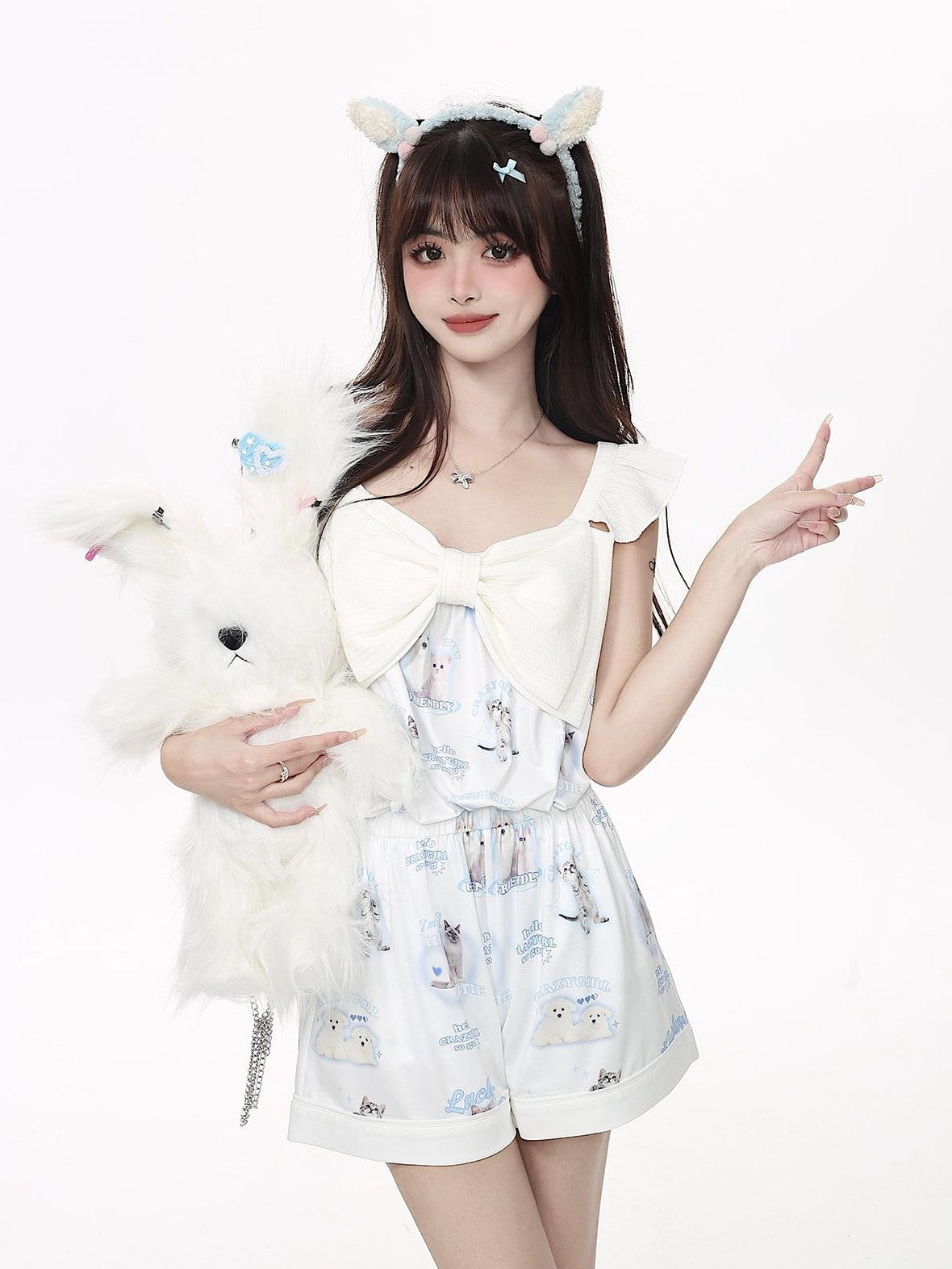 Crazy Girl Goodnight Cat Print V-neck Drop Shoulder Women&
