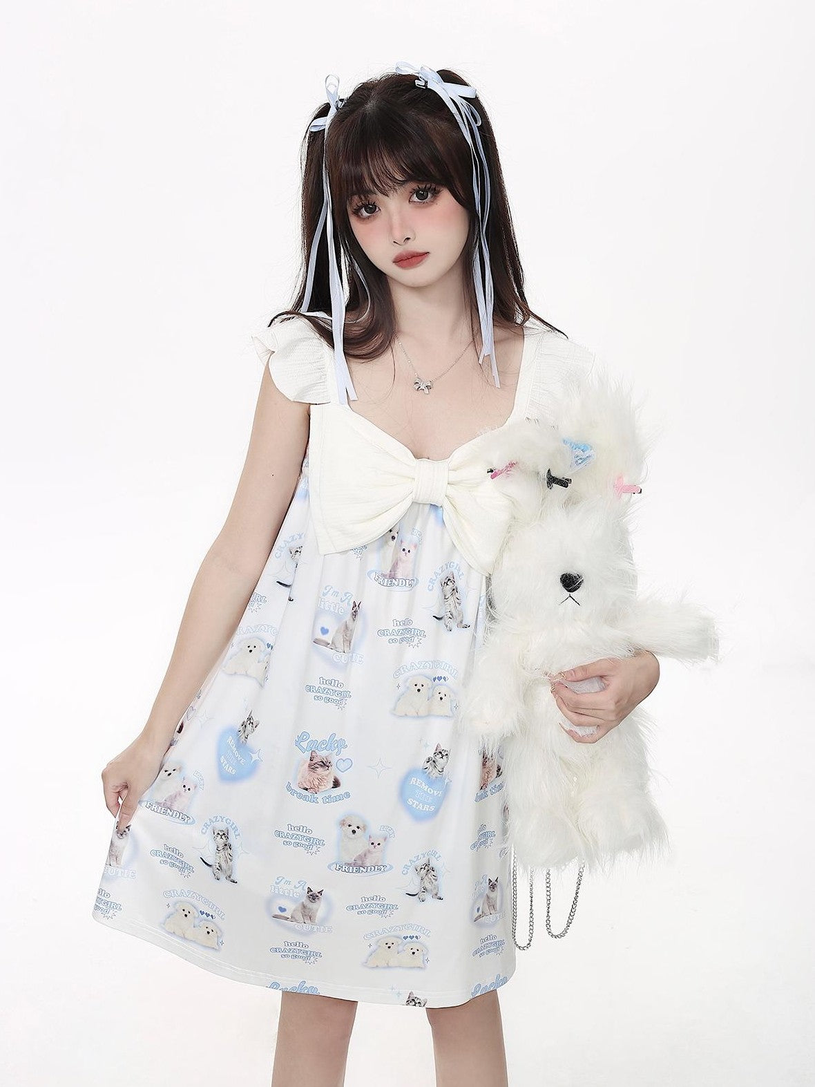 Crazy Girl Goodnight Cat Print V-neck Drop Shoulder Women&