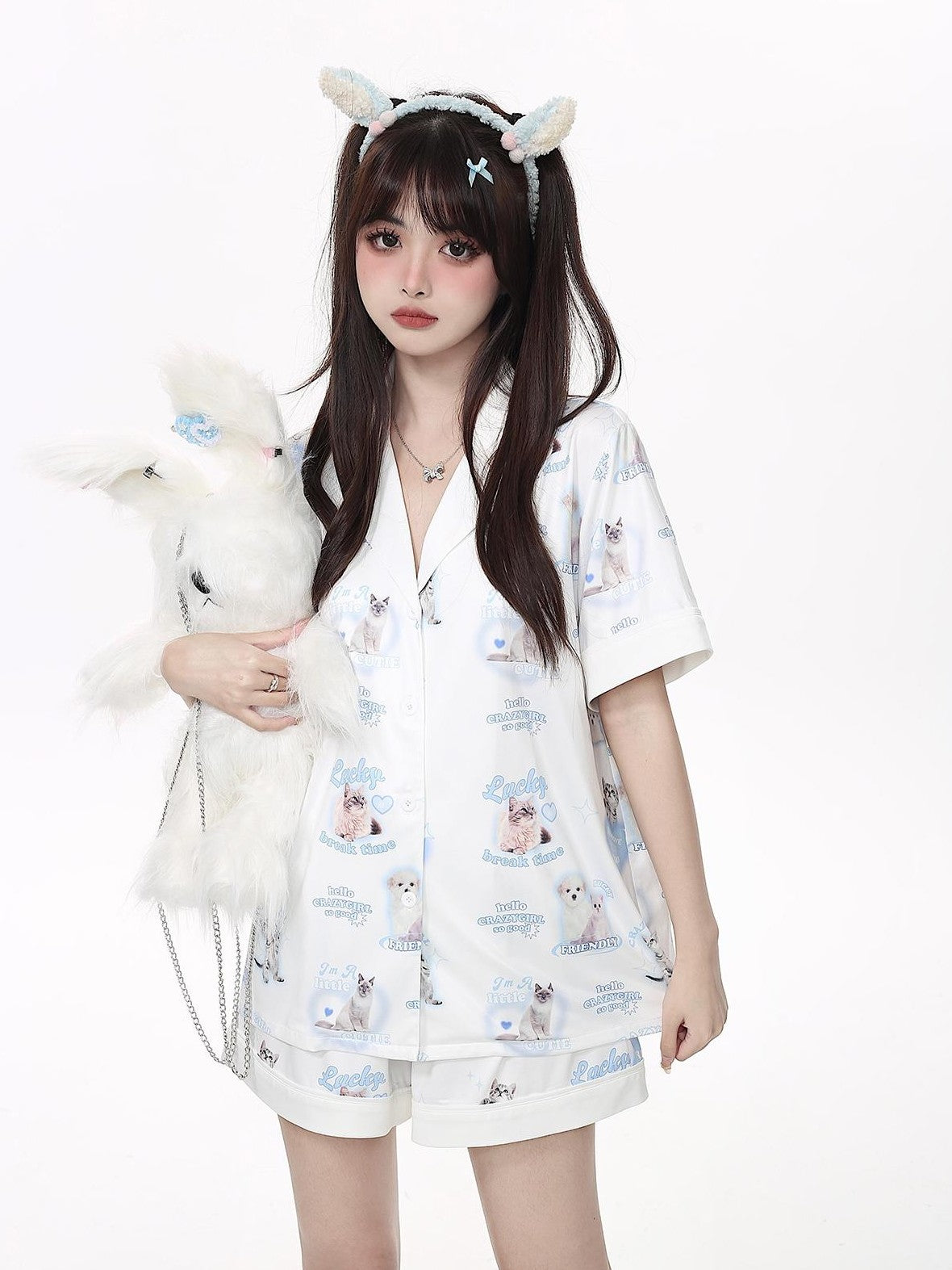 Crazy Girl Goodnight Cat Print V-neck Drop Shoulder Women&