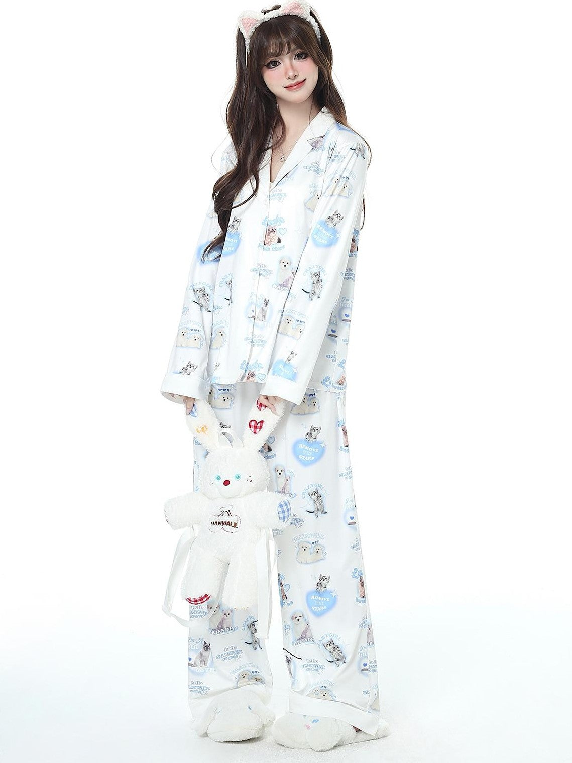 Crazy Girl Goodnight Cat Print V-neck Drop Shoulder Women&