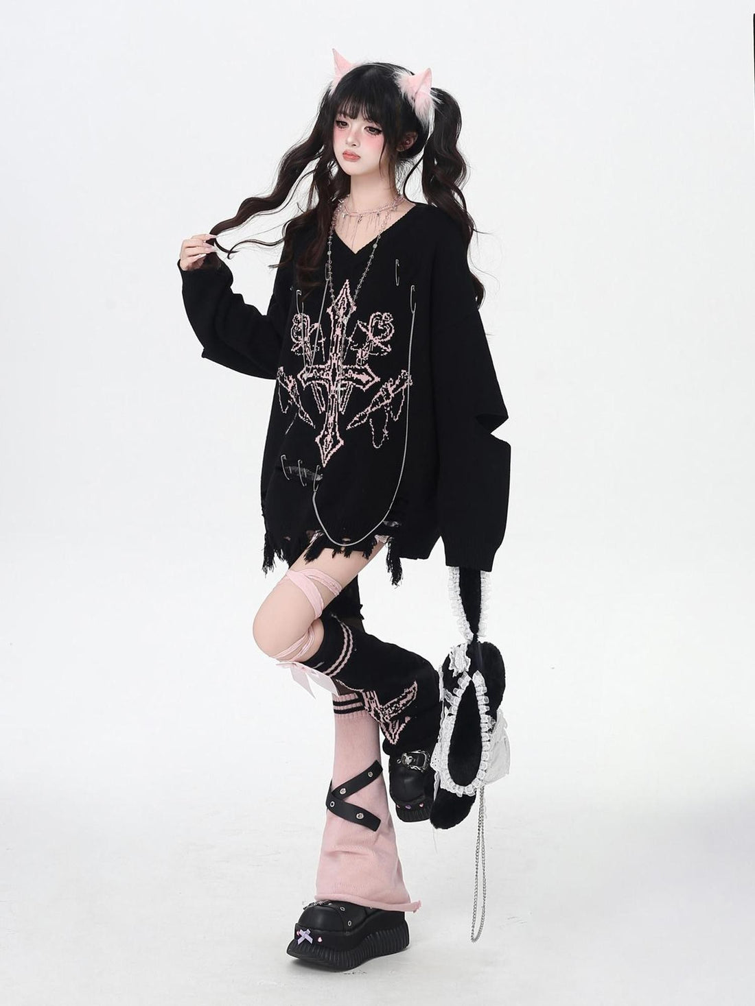 Crazy Girl Gothic Niche V-neck A Line Loose Fit Oversized Women&