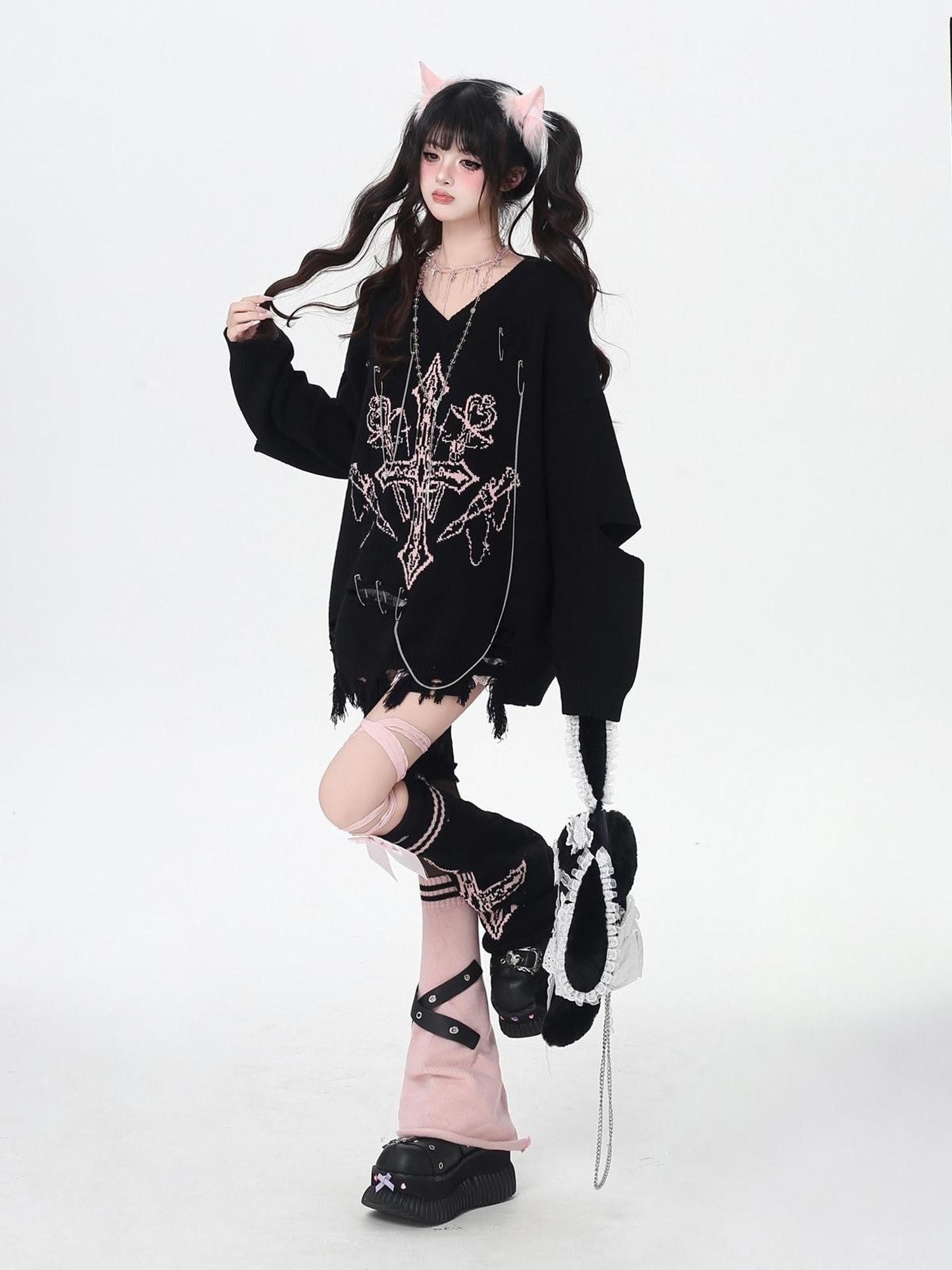 Crazy Girl Gothic Niche V-neck A Line Loose Fit Oversized Women&
