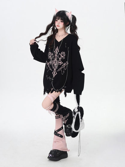 Crazy Girl Gothic Niche V-neck A Line Loose Fit Oversized Women&