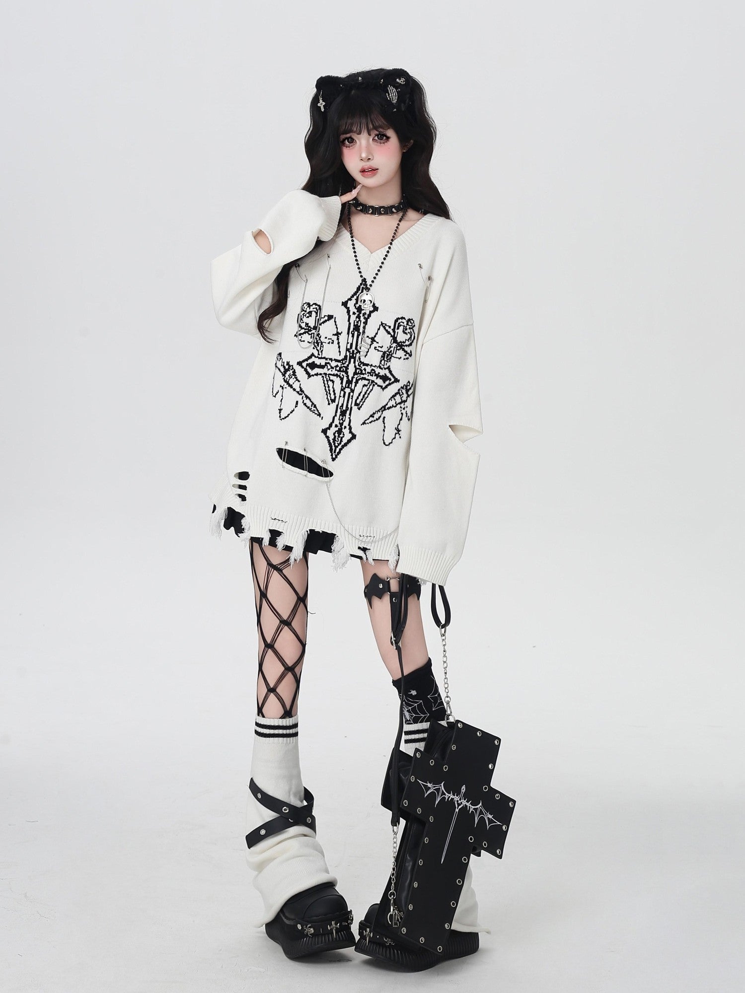 Crazy Girl Gothic Niche V-neck A Line Loose Fit Oversized Women&