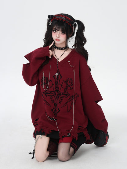 Crazy Girl Gothic Niche V-neck A Line Loose Fit Oversized Women&