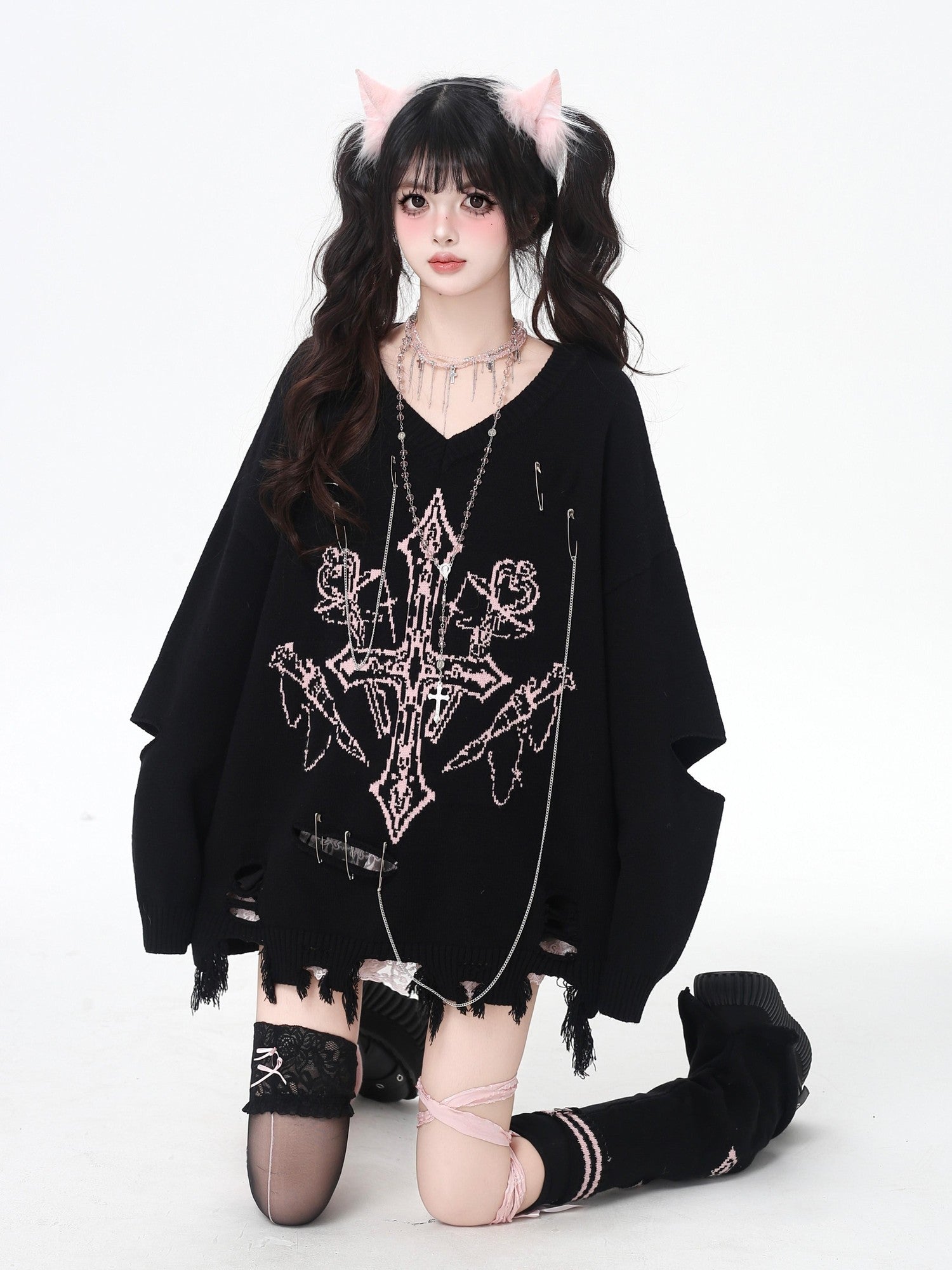 Crazy Girl Gothic Niche V-neck A Line Loose Fit Oversized Women&