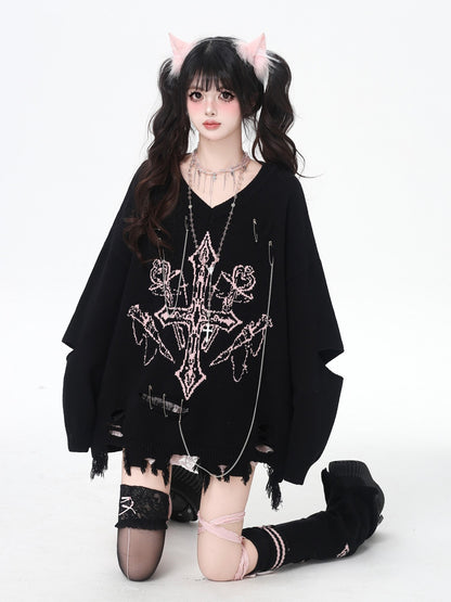 Crazy Girl Gothic Niche V-neck A Line Loose Fit Oversized Women&