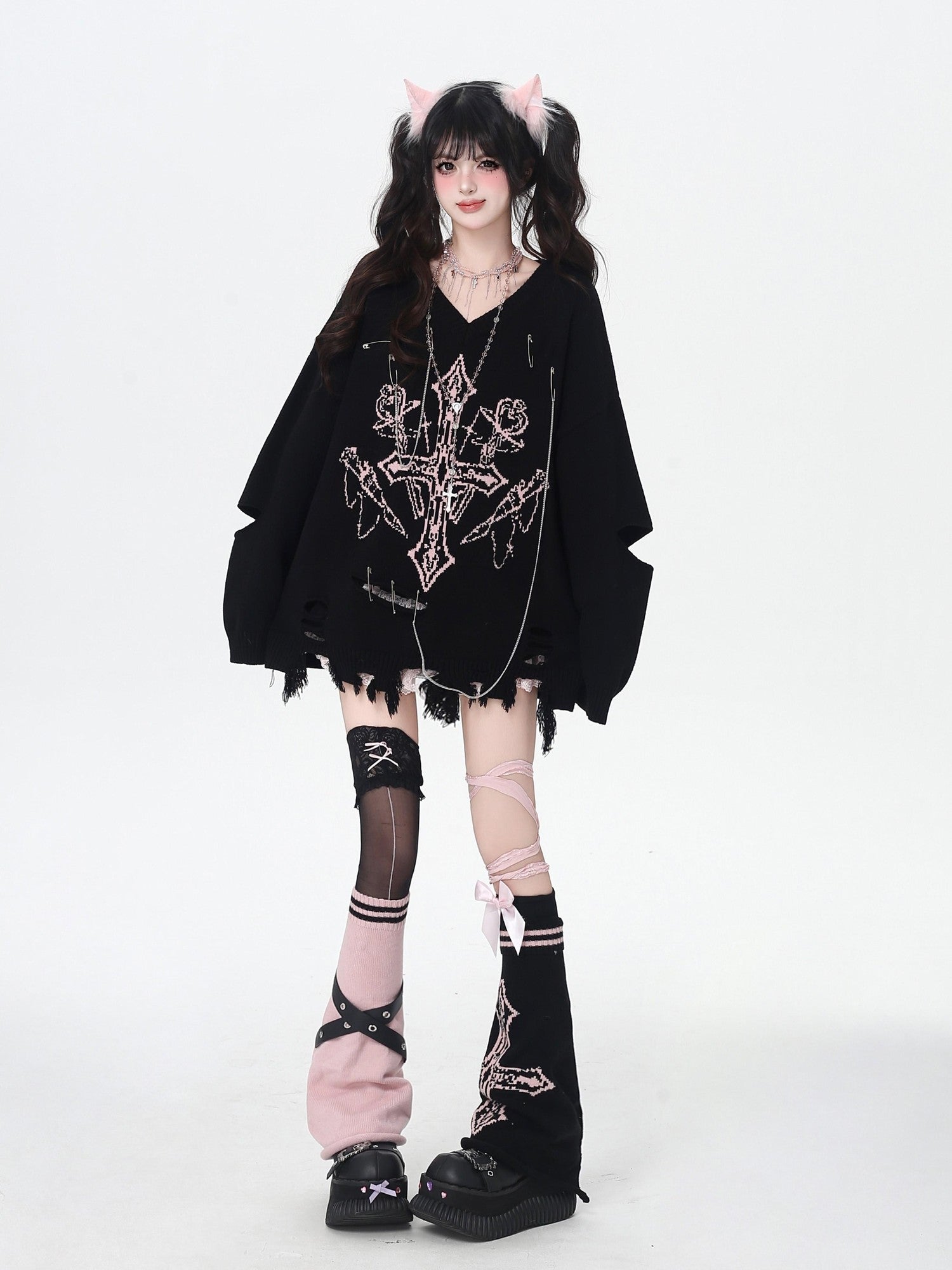 Crazy Girl Gothic Niche V-neck A Line Loose Fit Oversized Women&