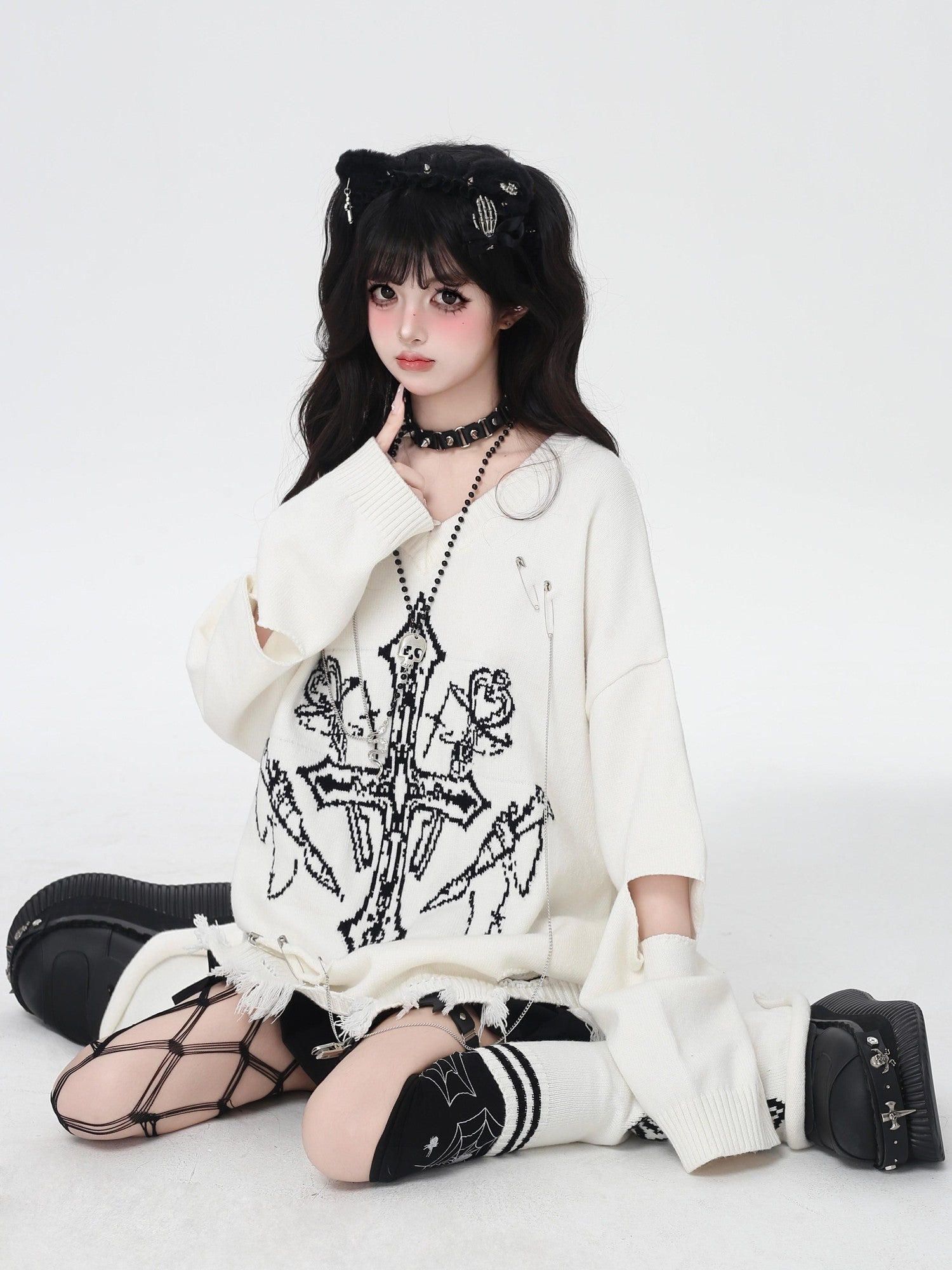 Crazy Girl Gothic Niche V-neck A Line Loose Fit Oversized Women&