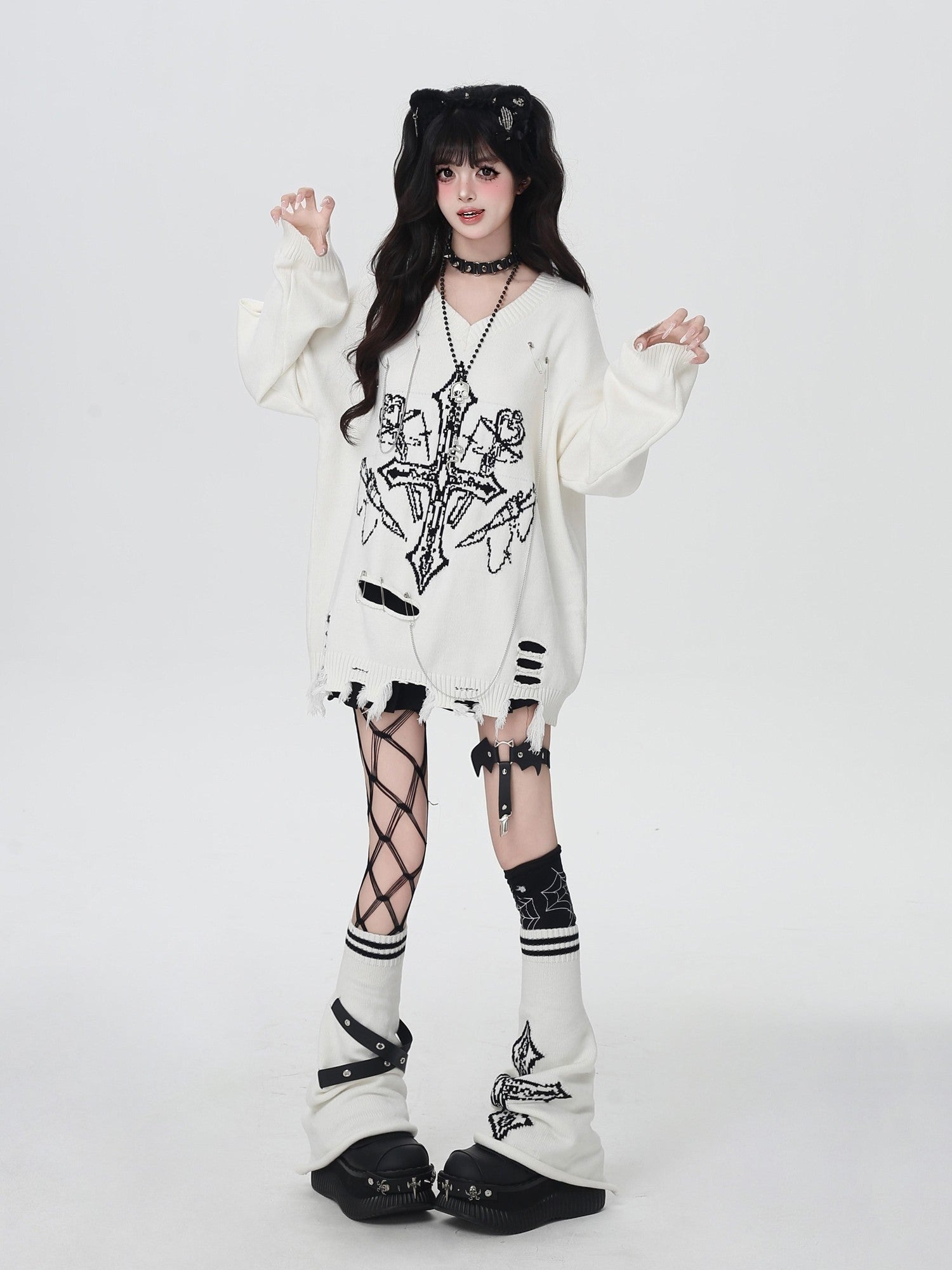 Crazy Girl Gothic Niche V-neck A Line Loose Fit Oversized Women&