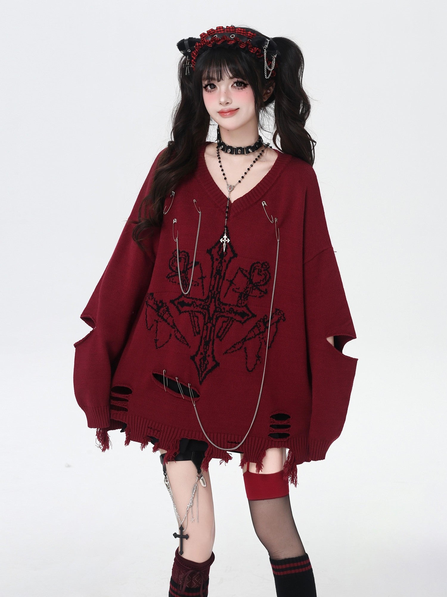 Crazy Girl Gothic Niche V-neck A Line Loose Fit Oversized Women&
