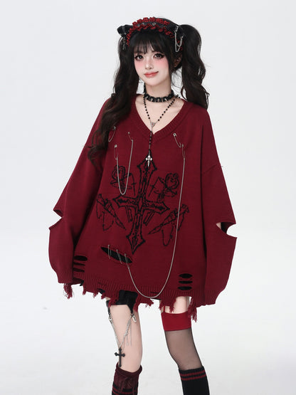 Crazy Girl Gothic Niche V-neck A Line Loose Fit Oversized Women&