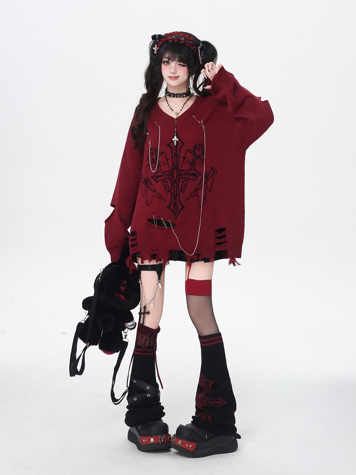 Crazy Girl Gothic Niche V-neck A Line Loose Fit Oversized Women&