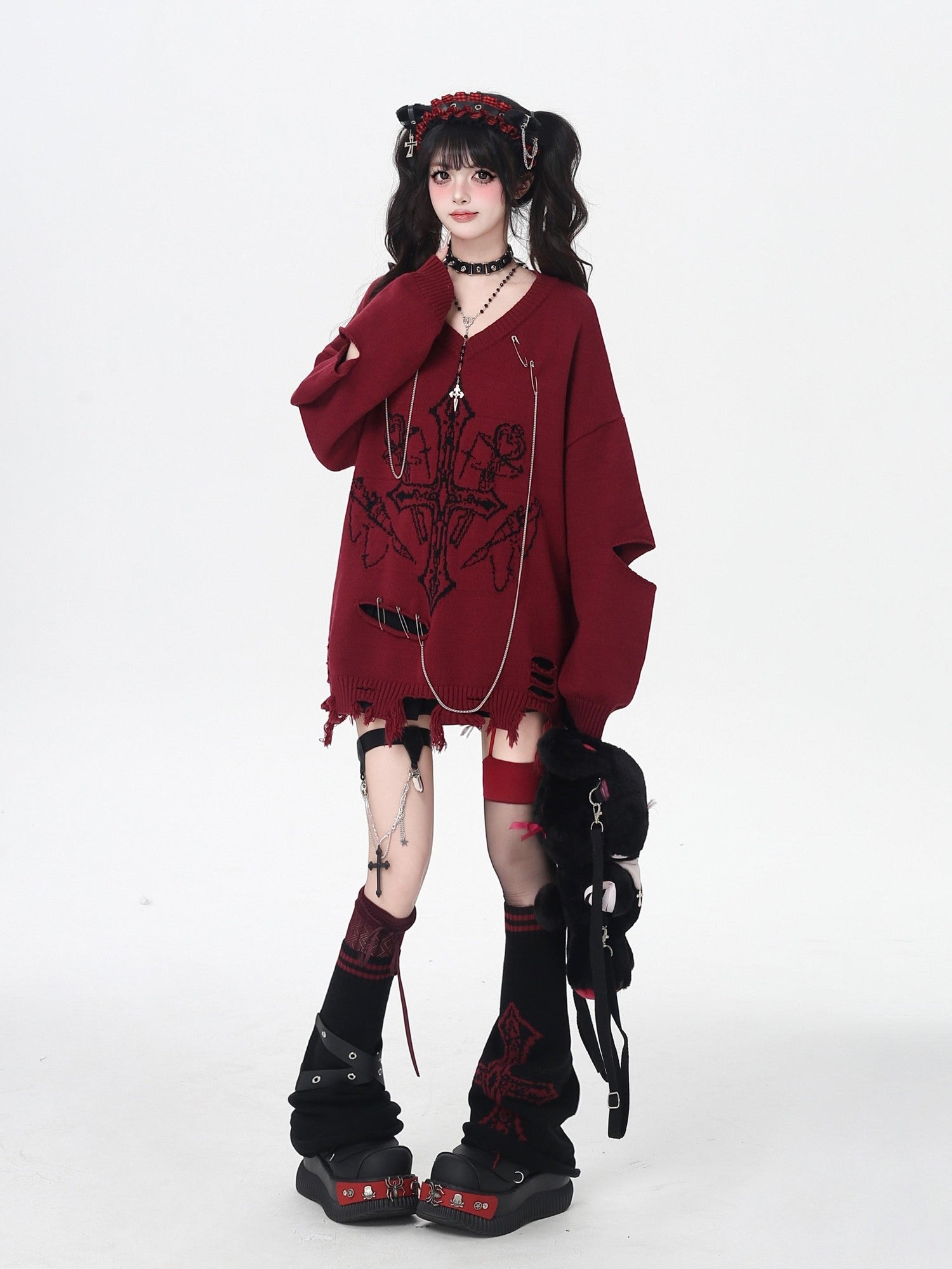 Crazy Girl Gothic Niche V-neck A Line Loose Fit Oversized Women&