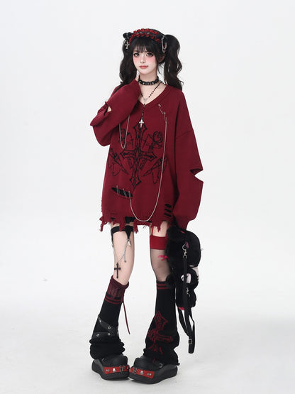 Crazy Girl Gothic Niche V-neck A Line Loose Fit Oversized Women&