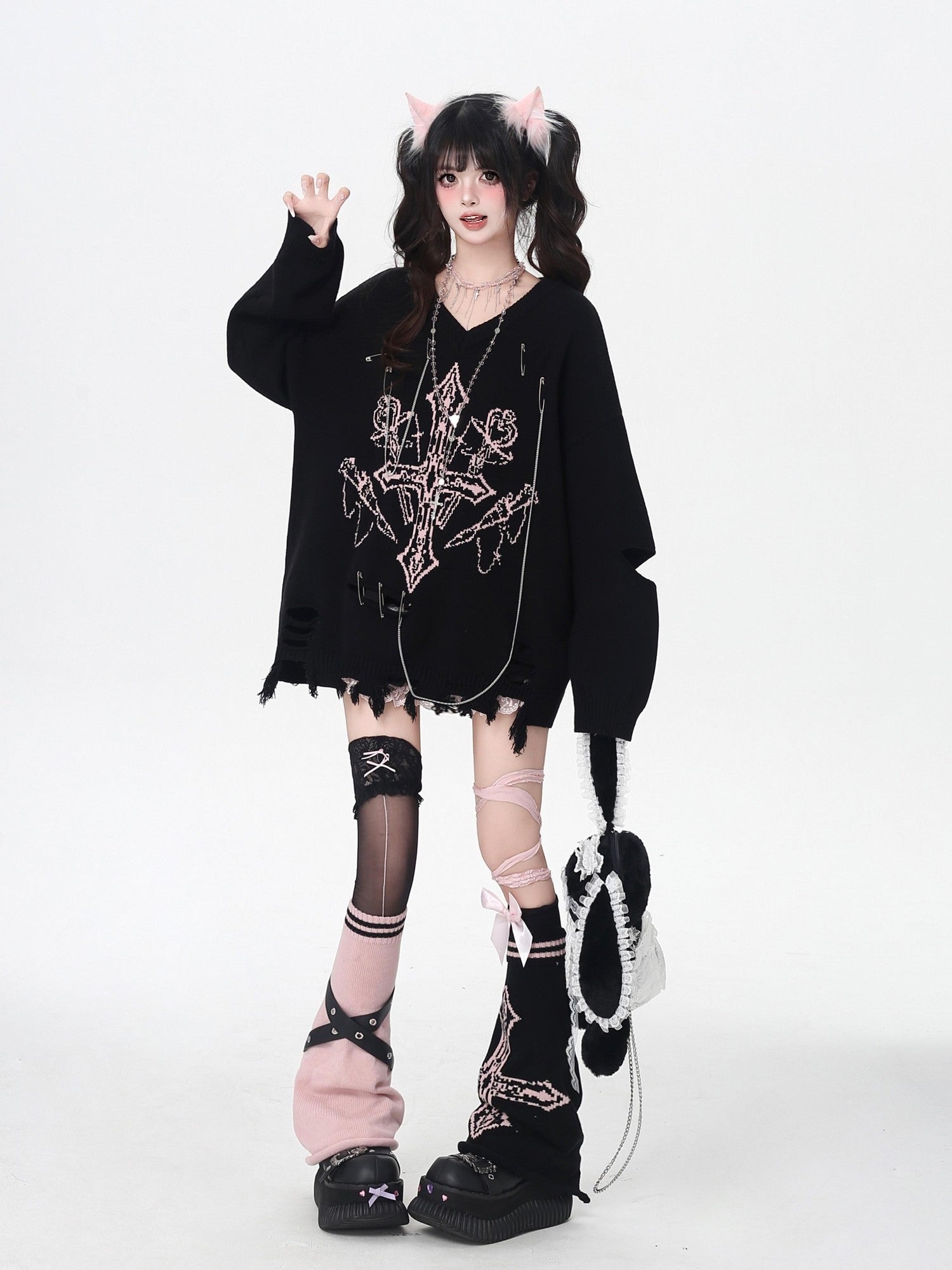 Crazy Girl Gothic Niche V-neck A Line Loose Fit Oversized Women&