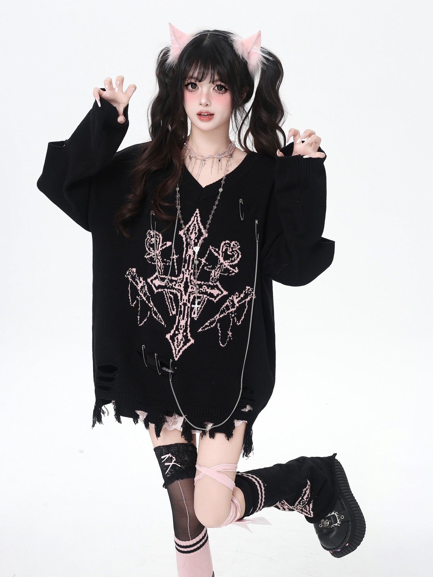 Crazy Girl Gothic Niche V-neck A Line Loose Fit Oversized Women&