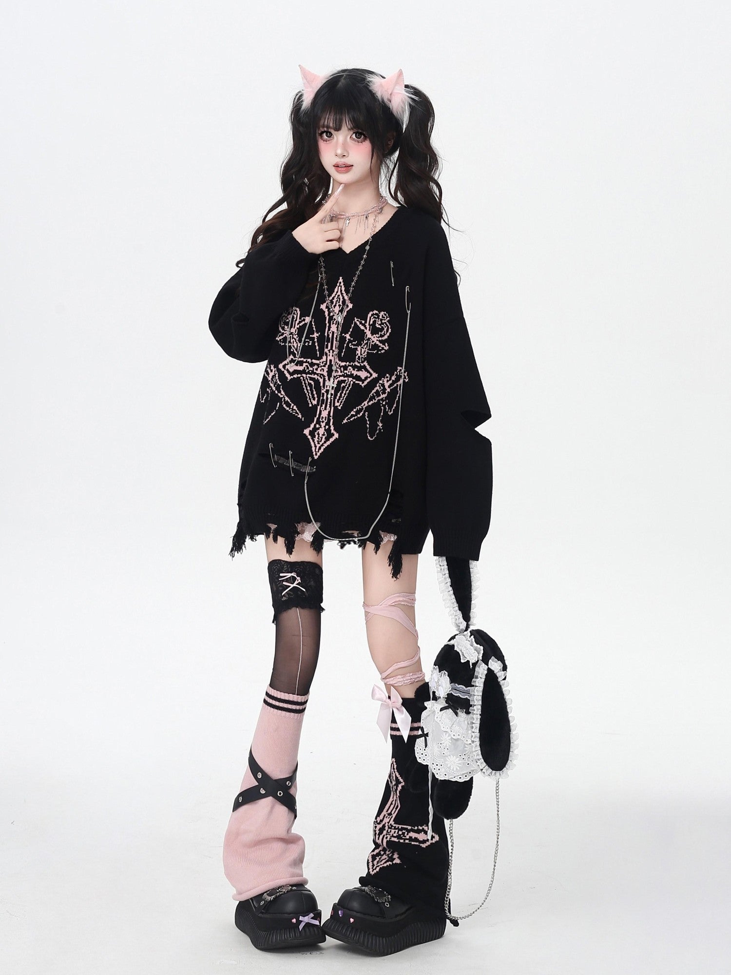 Crazy Girl Gothic Niche V-neck A Line Loose Fit Oversized Women&