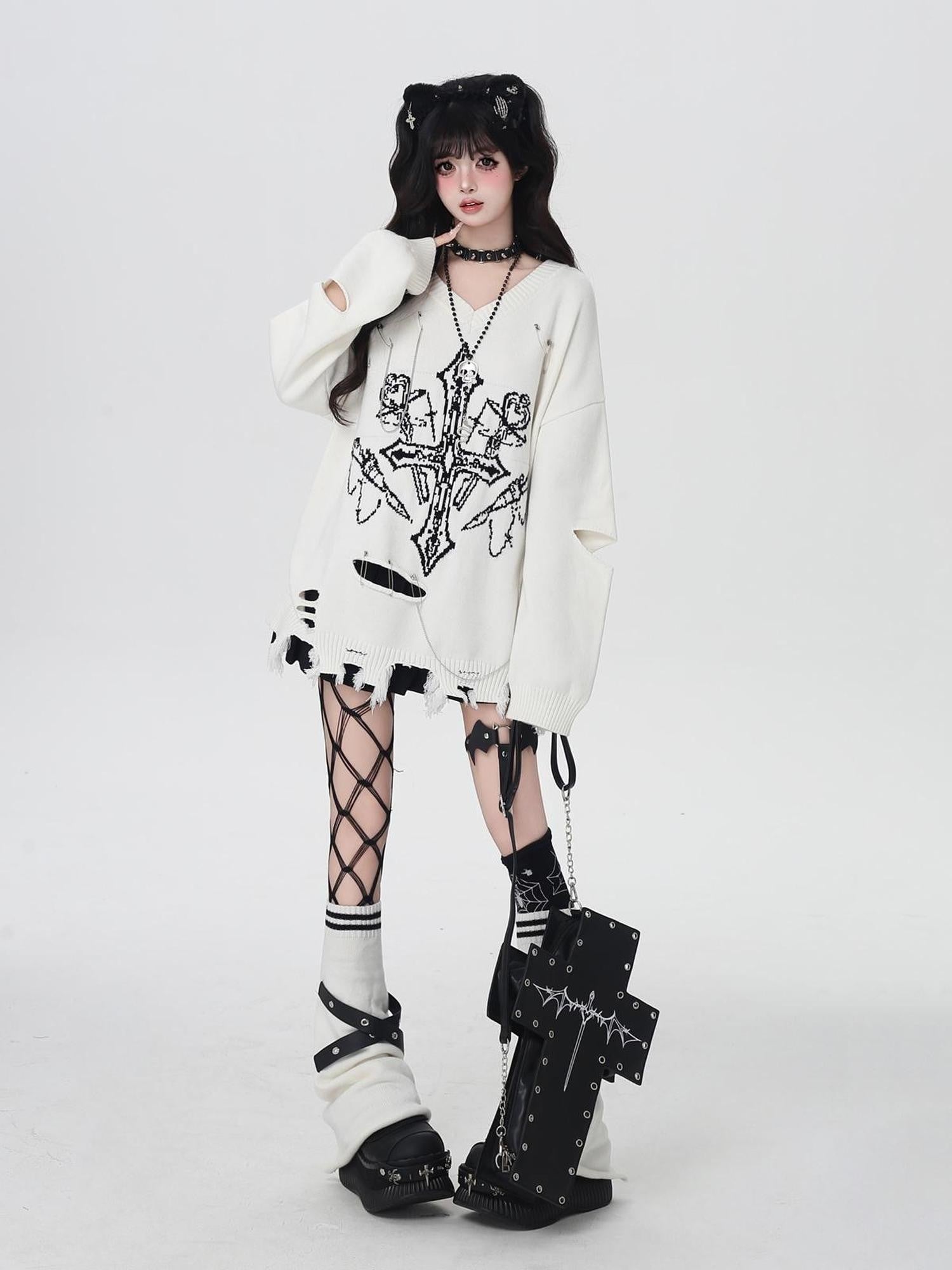 Crazy Girl Gothic Niche V-neck A Line Loose Fit Oversized Women&