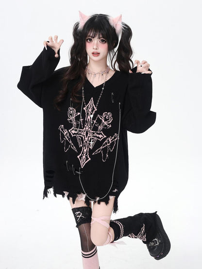 Crazy Girl Gothic Niche V-neck A Line Loose Fit Oversized Women&