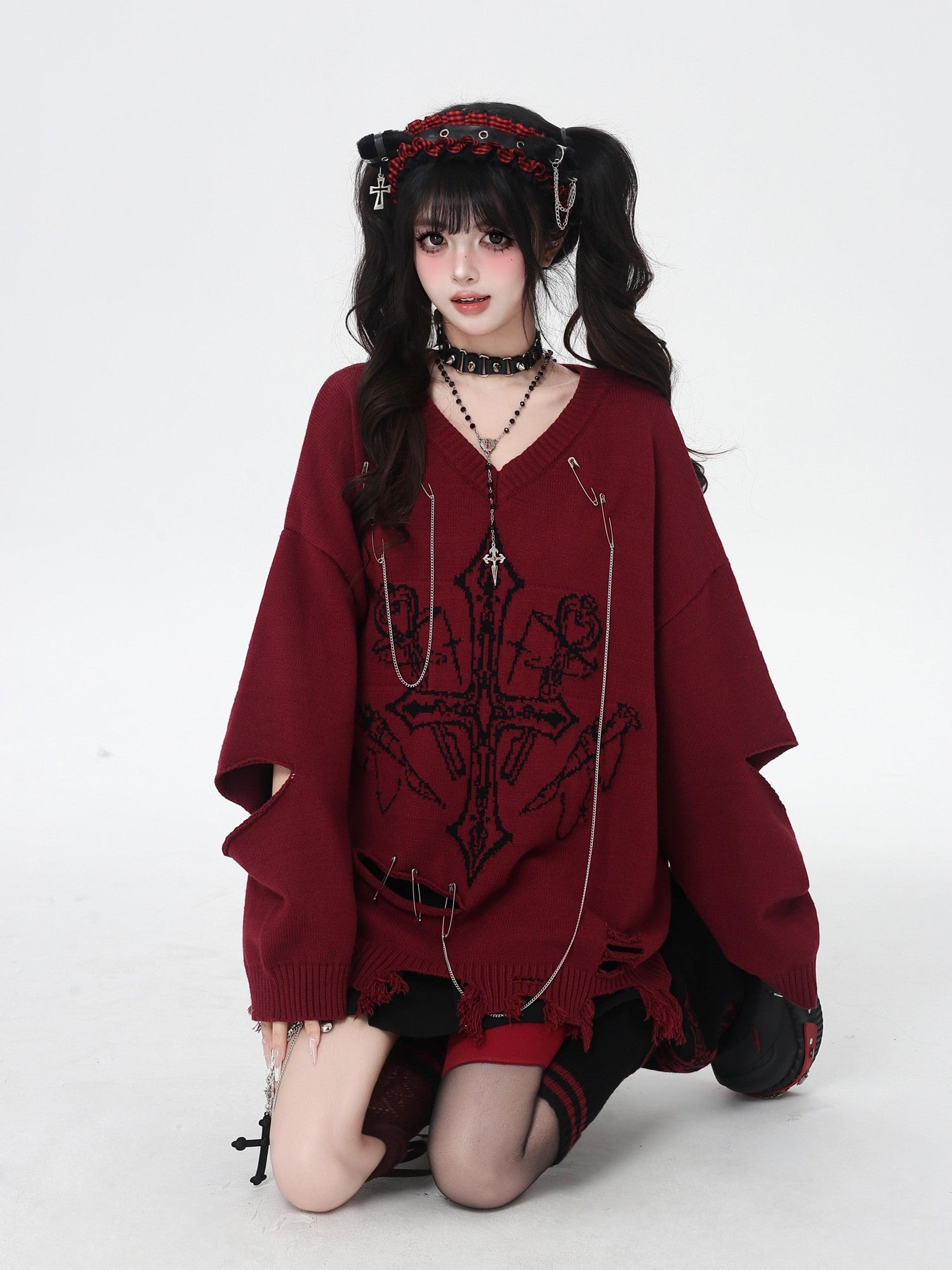 Crazy Girl Gothic Niche V-neck A Line Loose Fit Oversized Women&