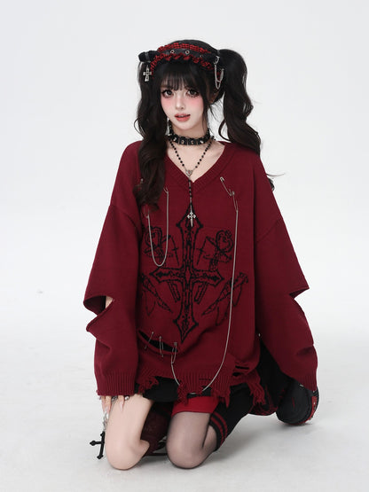 Crazy Girl Gothic Niche V-neck A Line Loose Fit Oversized Women&
