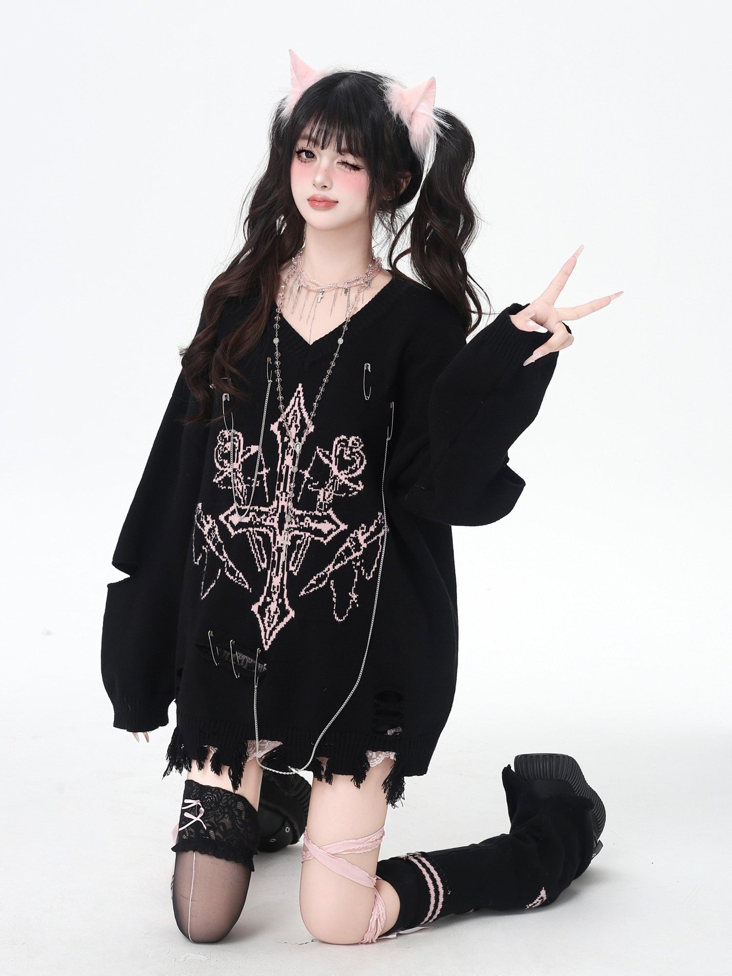 Crazy Girl Gothic Niche V-neck A Line Loose Fit Oversized Women&