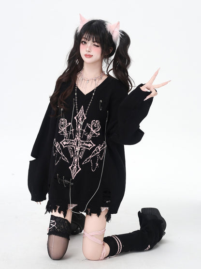 Crazy Girl Gothic Niche V-neck A Line Loose Fit Oversized Women&