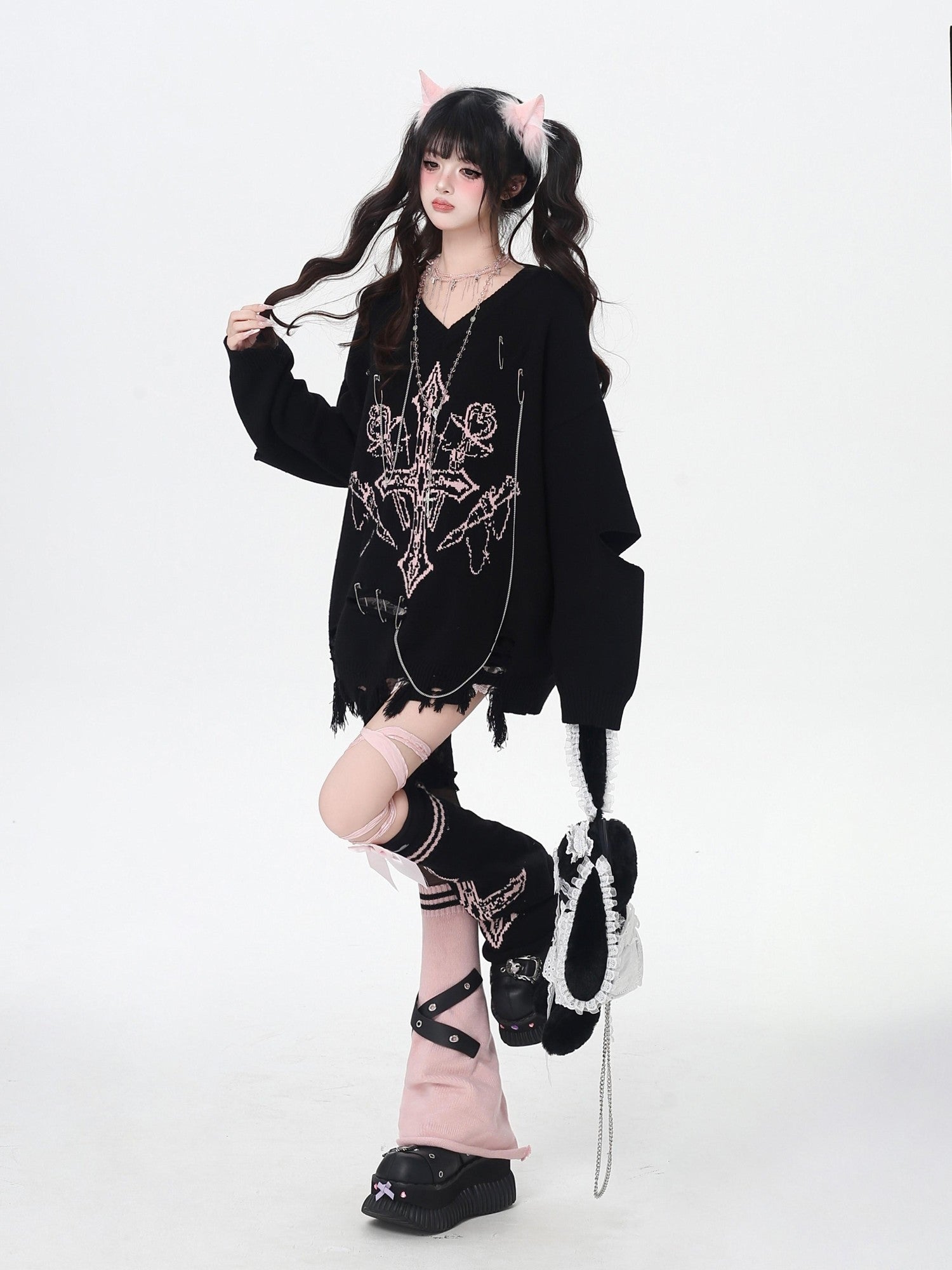 Crazy Girl Gothic Niche V-neck A Line Loose Fit Oversized Women&