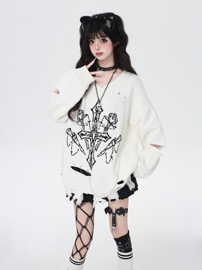 Crazy Girl Gothic Niche V-neck A Line Loose Fit Oversized Women&