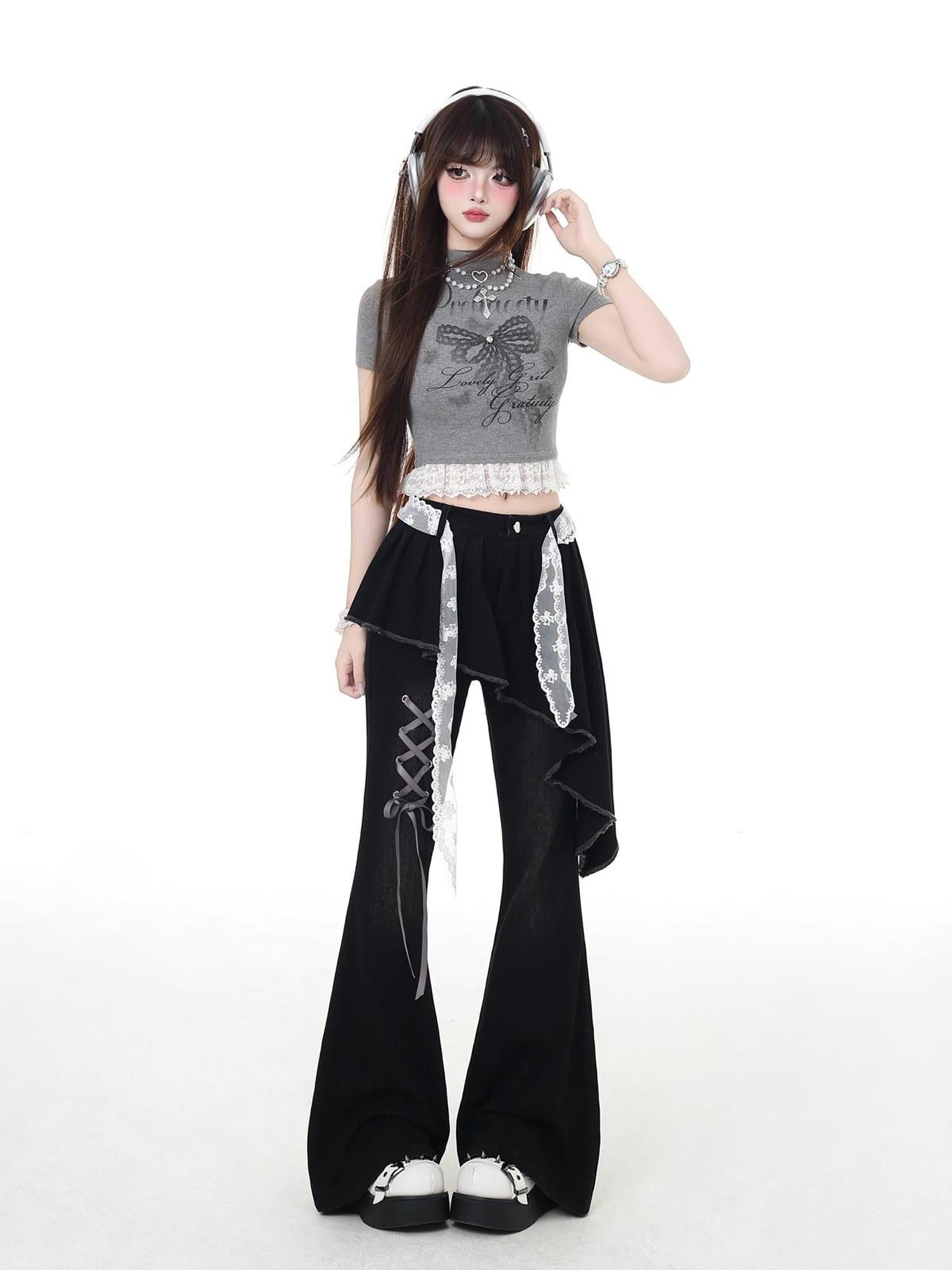 Crazy Girl Gothic Patchwork Lace Up High Waist Women&