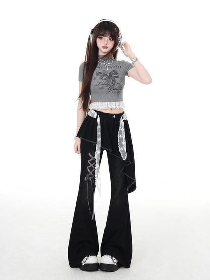 Crazy Girl Gothic Patchwork Lace Up High Waist Women&