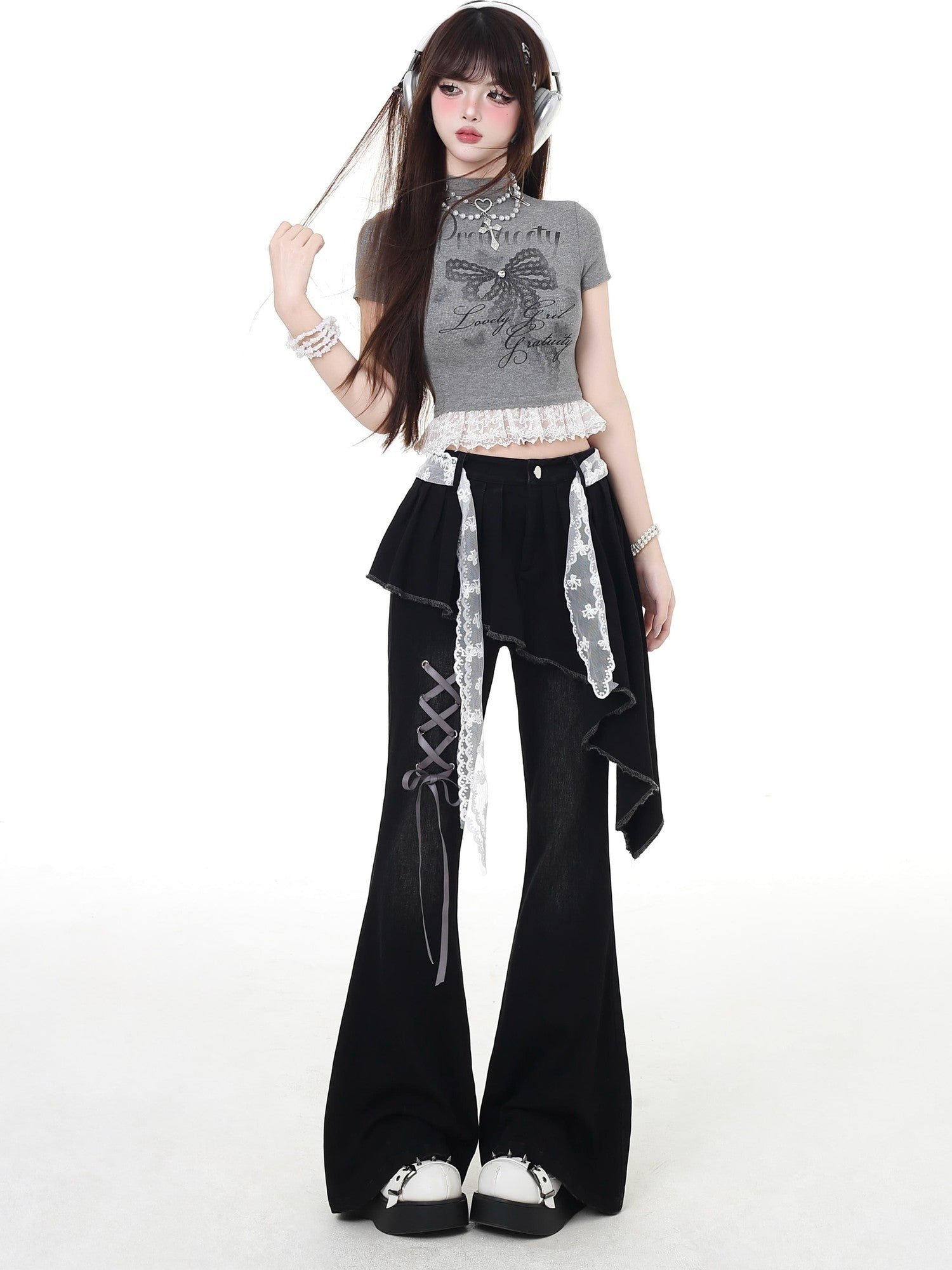 Crazy Girl Gothic Patchwork Lace Up High Waist Women&