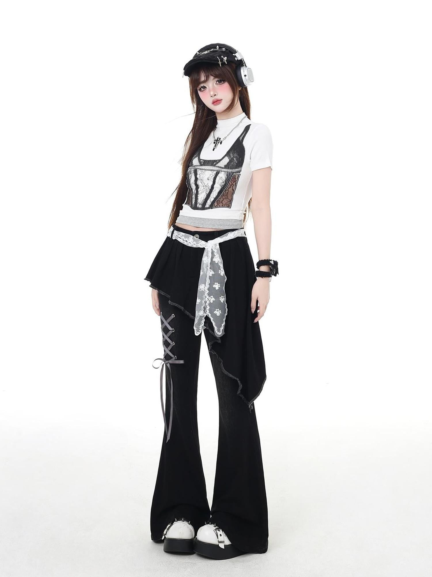 Crazy Girl Gothic Patchwork Lace Up High Waist Women&