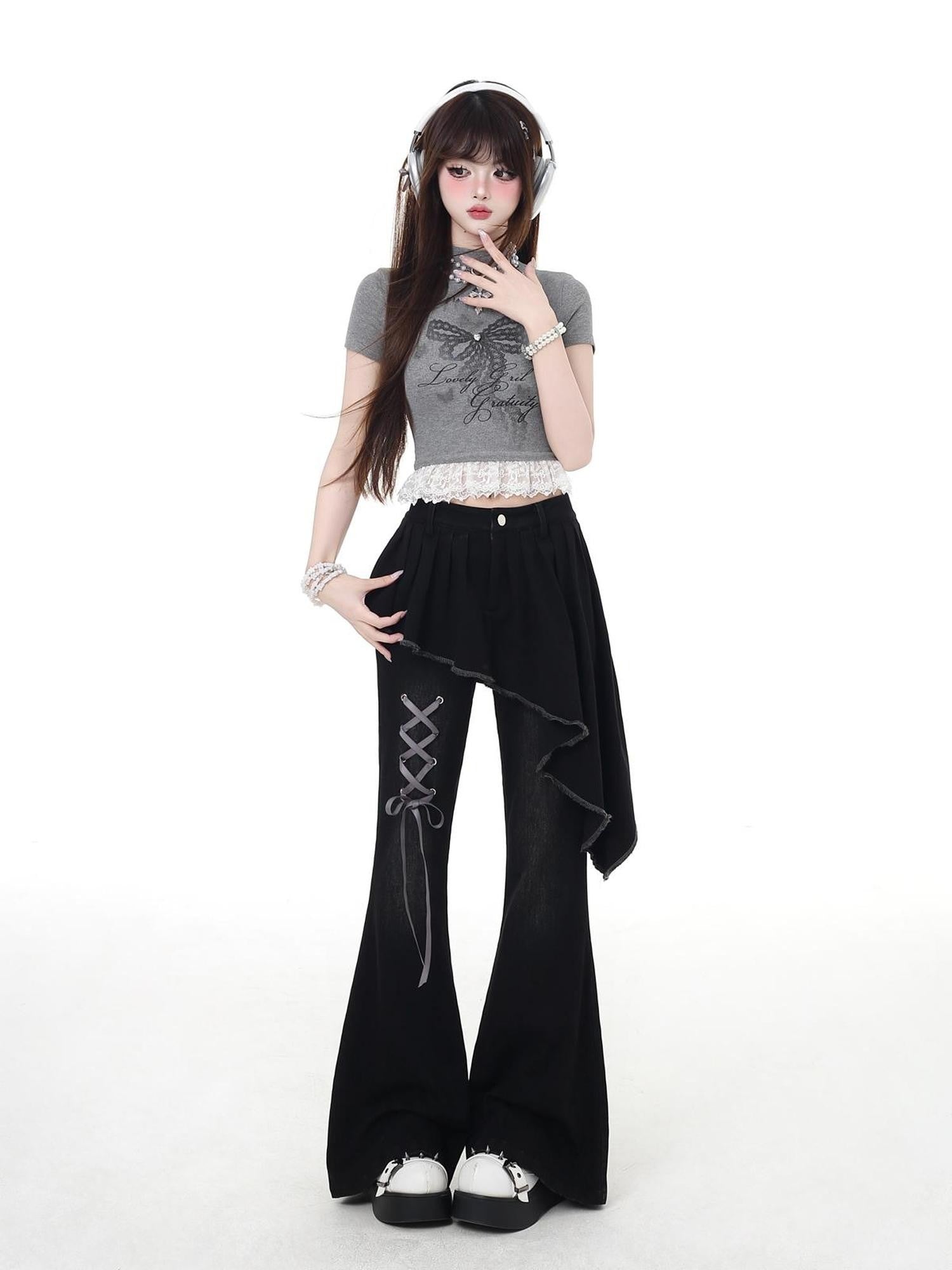 Crazy Girl Gothic Patchwork Lace Up High Waist Women&