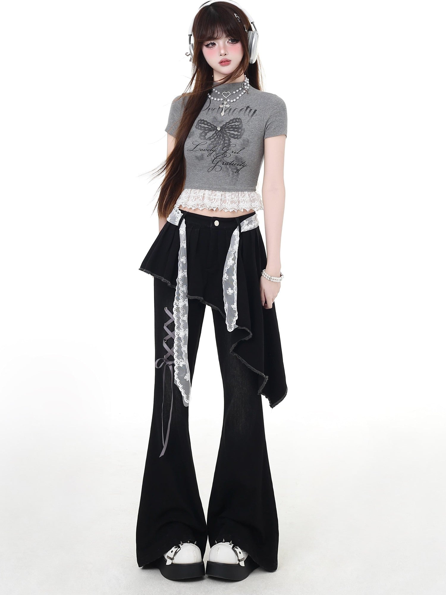 Crazy Girl Gothic Patchwork Lace Up High Waist Women&